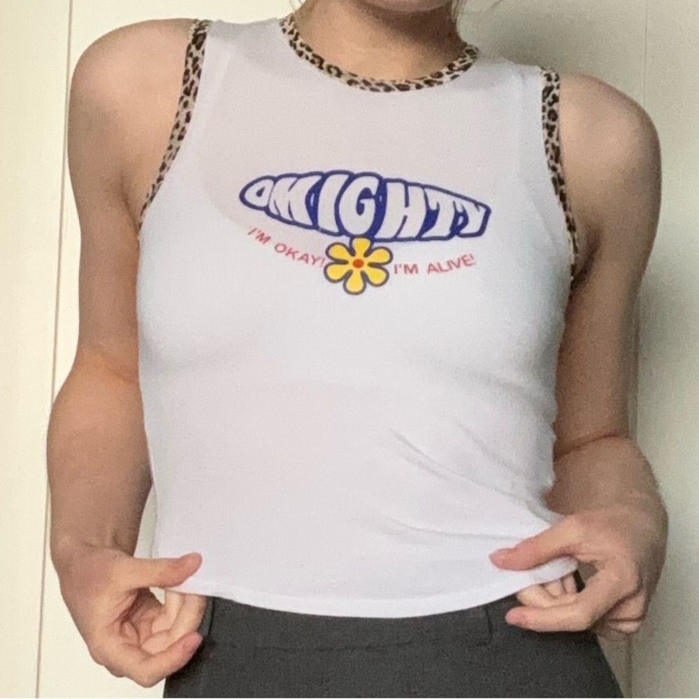 Omighty “I’m Okay, I’m Alive” White Tank with Leopard Print Details